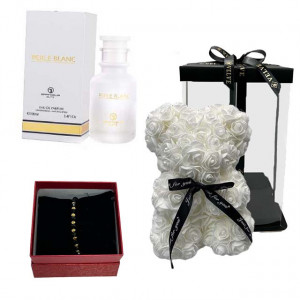 Set cadou femei, Ursulet floral din spuma, Parfum Grandeur Elite Perle Blanc 100 ml si bratara zirconiu in cutie