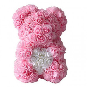 Set cadou fete, Ursulet floral roz cu inima alba din spuma 25 cm si Parfum Cuba, My Love, Femei 100ml
