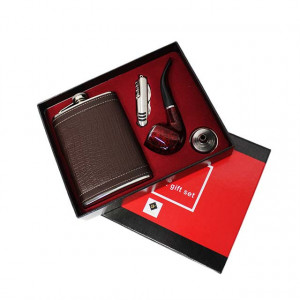 Set cadou pentru barbati VLV, 4 piese, plosca, pipa, palnie si briceag, maro1