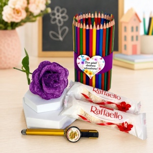 Set cadou pentru Educatoare, cu creioane colorate, pix personalizat, trandafir de sapun si Raffaello