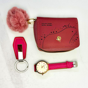 Set cadou pentru femei JESOU COLLECTION, cutie cu trei articole practice, ceas dama, portofel si breloc 20x15cm, Roz fucsia