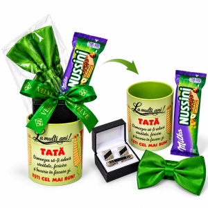 Set cadou pentru tata, Green Edition, cu cana cu mesaj, papion verde, butoni, ac de cravata si Milka Nussini - Img 3