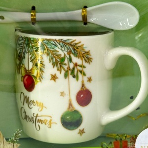 Set cana ceramica, farfurie si lingurita, Merry Christmas, ambalata in cutie cu fereastra, 200ml - Img 3