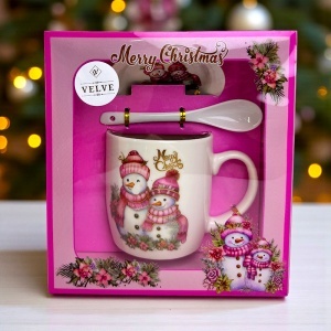 Set cana ceramica, farfurie si lingurita, Merry Christmas Pink Snowman, ambalata in cutie cu fereastra, 200ml - Img 4