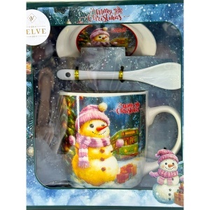 Set cana ceramica, farfurie si lingurita, Merry Christmas Snowman, ambalata in cutie cu fereastra, 200ml - Img 4