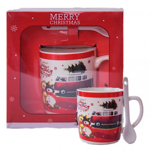 Set cana din ceramica cu lingurita, tematica de Craciun, ambalata in cutie asortata, Magic Night