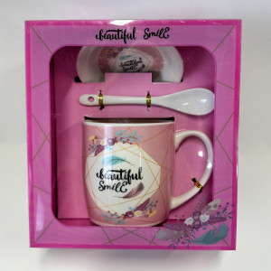 Set cana din ceramica pentru ceai, Energy Mug, 300ml, cu lingurita si farfurie din ceramica, imprimata floral, in cutie eleganta, Beautiful Smile