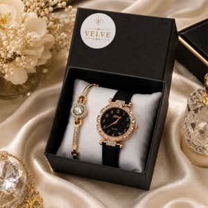 Set ceas dama cu cristale si bratara asortata, Negru-Rose Gold - Img 6