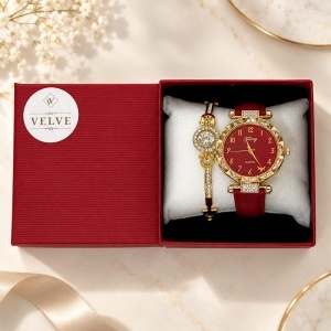 Set ceas dama cu cristale si bratara asortata, Rosu-Gold - Img 3