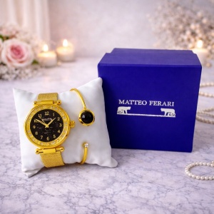 Set ceas elegant dama Francesca di Geneva Matteo, cu bratara asortata, Gold/Negru