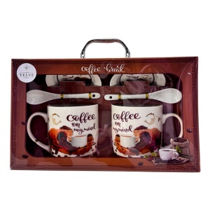 Set ceramic Coffee, doua cani imprimate, doua lingurite ceramice si farfurii asortate, cutie stilizata, Maro