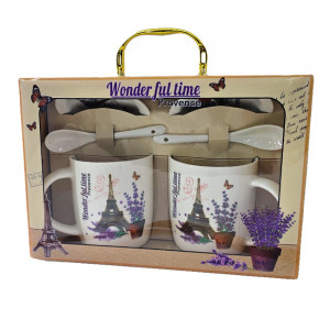 Set ceramic, LOVE Paris, doua cani imprimate cu Turnul Eiffel, 350ml, doua lingurite ceramice si farfurii asortate, in cutie eleganta, Ghiveci Lavanda Bej 4