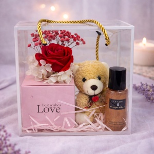 Set cu ursulet de plus, trandafir rosu de sapun, gypsophila criogenata si Shine Body Mist 90 ml - Img 2
