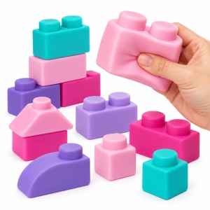 Set cuburi moi de constructie, 20 piese mari, cutie de depozitare cu functie de scaun, 3 Ani+, roz - Img 2