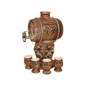 Set din ceramica Elefant, cu butoi pentru vin si patru pahare, Maro