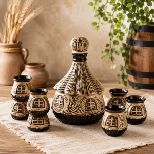 Set din ceramica pentru tuica si vin, sticla in forma de coliba si 6 pahare, Bej-Maro - Img 2