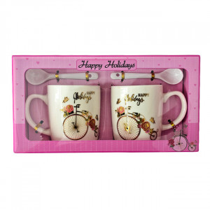 Set elegant ceramic, Happy Holidays, cu doua cani imprimate, 250ml si doua lingurite ceramice, in cutie eleganta, Retro Bicycle, Lila - Img 6