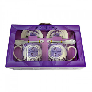 Set elegant ceramic, Love, cu doua cani imprimate, 300ml, doua lingurite ceramice si farfurii asortate, in cutie eleganta, Mov