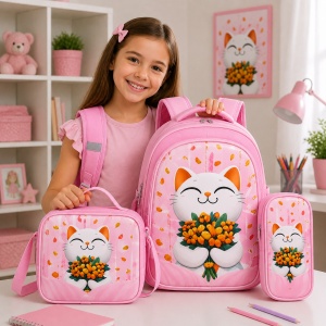 Set ghiozdan fete pentru scoala 3 piese cu pisicuta si flori, roz, 42 x 33 cm - Img 2