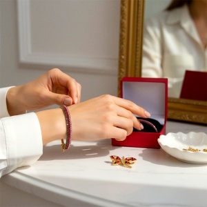 Set Martisor bratara cu cristale multicolore si brosa libelula rosie cu cristale, in cutie eleganta rosie - Img 6