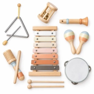 Set Montessori de instrumente muzicale pentru copii, xilofon, tamburina, maracas si accesorii, Lemn, 3 ani+ - Img 2