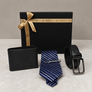 Set pentru barbati Diplomat Edition cu portofel si curea din piele ecologica neagra, cravata bleumarin si ac de cravata, in cutie eleganta - Img 2