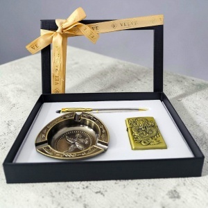 Set pentru barbati Dragon Kit, cutie cu bricheta metalica, scrumiera si pix, Vintage gold - Img 5