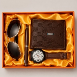 Set pentru barbati Urban Maverick, cu portofel din piele eco maro, ceas modern, ochelari de soare aviator si stilou in cutie eleganta - Img 2