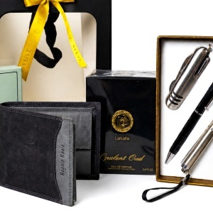 Set premium de lux pentru barbati cu parfum arabesc Lattafa Opulent Oud 100ml, portofel din piele Regalo Reale si set accesorii, in punga eleganta - Img 2