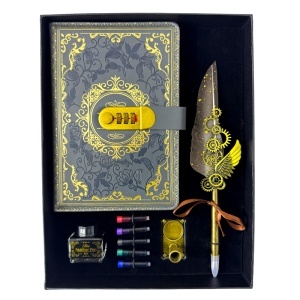 Set Regal Secret, cu agenda/jurnal inchidere cifru, stilou cu pana si suport, calimara si rezerve cerneala, Gri inchis - Img 5
