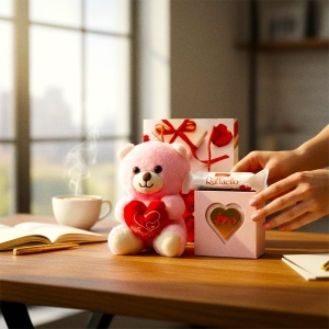 Set romantic cu ursulet de plus, lantisor cu pandantiv inima, 3 trandafiri roz de sapun si praline Raffaello - Img 4