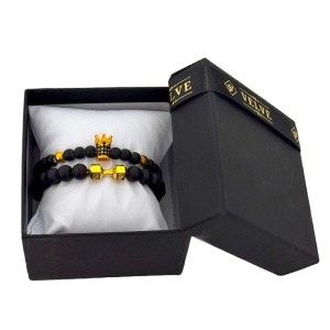 Set Royal pentru barbati, cu doua bratari cu pietre semipretioase si cristale de zirconiu, ambalate in cutie neagra cu pernuta, Negru/Gold