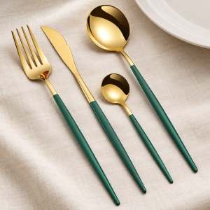 Set tacamuri 24 piese pentru 6 persoane, din otel inoxidabil, stil portughez, verde smarald si auriu - Img 2