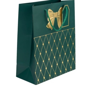 Set trei pungi pentru cadou, cu maner, model verde cu romburi aurii, 26 x 12 x 32 cm