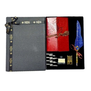 Set Vintage, cu agenda/jurnal, stilou cu pana, calimara cu cerneala, suport pentru stilou si 8 penite