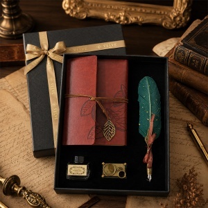 Set Vintage Spark, cu agenda-jurnal maro, stilou cu pana verde, suport si calimara - Img 3