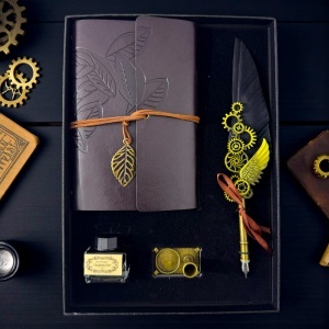 Set Vintage Spark, cu agenda-jurnal neagra, stilou cu pana neagra, suport si calimara - Img 5