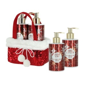 Set Vivian Gray Red Glitters X-Ma, in cosulet textil imprimeu sarbatori, cu Sapun lichid crema 250 ml si Crema de maini 250 ml