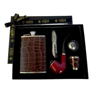 Set VLV pentru barbati - plosca, pipa, palnie, pahar si briceag, în cutie eleganta - Img 7