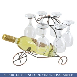 Suport metalic in forma de bicicleta, pentru o sticla si sase pahare de vin, aramiu