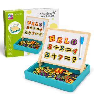 Tablita magnetica educativa 2 in 1 WB Wooden Toys, 42 litere, cifre si simboluri, marker si cutie, 3+ ani - Img 2