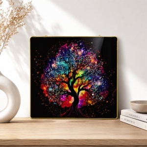 Tablou decorativ modern Copacul Vietii Multicolor 3D in relief, cu cristale, rama aurie, 40x40 cm - Img 2