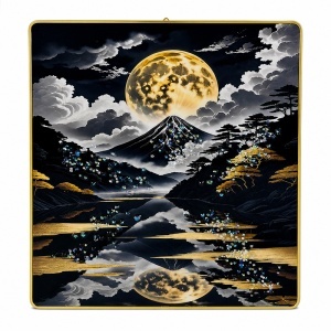 Tablou decorativ modern Muntele Fuji si Luna Plina 3D in relief, cu cristale, rama aurie, 40x30 cm