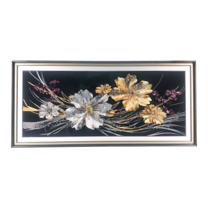 Tablou mare abstract, cu motive florale și pietricele, in ramă minimalista, 94x44 cm