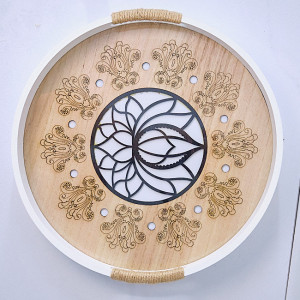 Tava Lotus, din lemn cu baza din sticla si model traditional asiatic, 30cm
