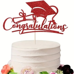 Topper cu toca si mesaj "Congratulations", 17 x 10 cm, rosu - Img 2