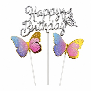 Topper Happy Birthday cu fluturi decorativi, argintiu