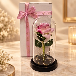Trandafir decorativ cu LED, in cupola transparenta, 20 cm, in cutie cadou, Roz - Img 4