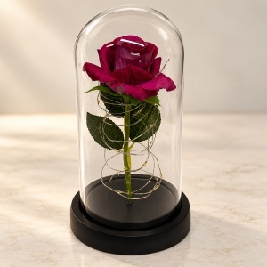 Trandafir decorativ cu LED, in cupola transparenta, 20 cm, in cutie cadou, Bordo - Img 7
