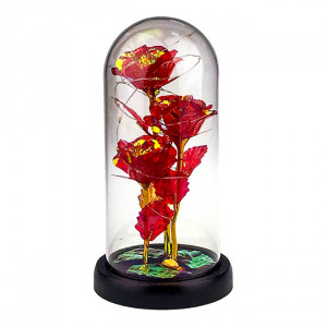 Trandafiri artizanali in cupola din sticla, cu frunze decorative pe blat negru, LED, Visiniu